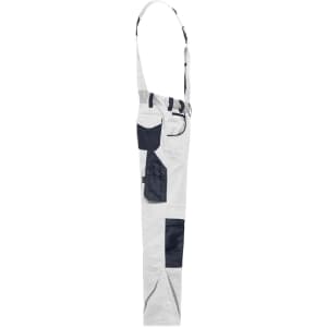 Workwear pants with bib in light grey, featuring navy blue accents and multiple pockets. Includes adjustable straps.