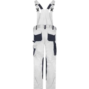 Workwear pants with bib in white and navy, featuring multiple pockets and adjustable straps, with a logo present.