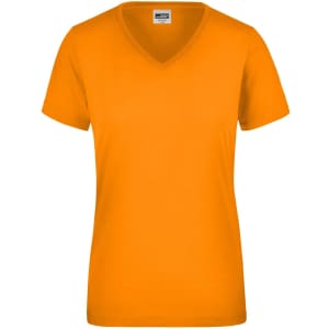 An orange ladies' workwear T-shirt with a V-neck design and short sleeves, featuring a logo.