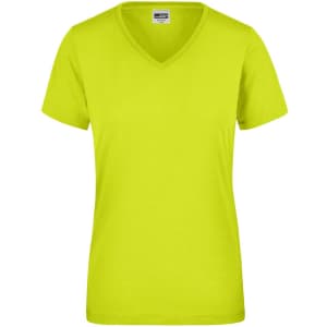 A vibrant yellow ladies' work t-shirt with a v-neck design, featuring a branding logo.