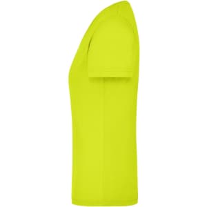 A bright yellow work T-shirt with a fitted style, featuring short sleeves and a rounded neckline.