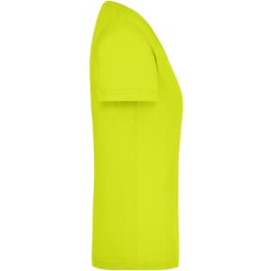A bright yellow work T-shirt with a fitted design and short sleeves, featuring a logo.