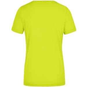 A bright yellow Ladies Signal Workwear T-Shirt with short sleeves and a round neckline, featuring a branding logo.