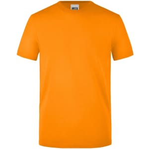 An orange work T-shirt featuring a round neck and short sleeves, with a branding logo.