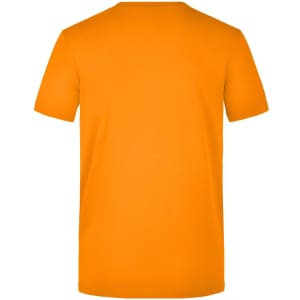 An orange work T-shirt with a crew neck and short sleeves, featuring a logo on the back.