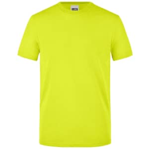 A bright yellow men's work t-shirt featuring a simple design and short sleeves, with a logo on the label.