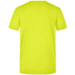 A high-visibility yellow work T-shirt with short sleeves and a plain back, featuring a logo.