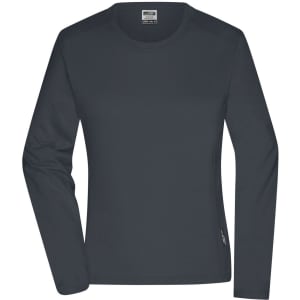 A long-sleeve, dark grey work t-shirt for ladies, featuring a logo on the side hem.