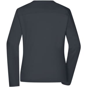 A dark grey long-sleeve t-shirt for ladies, featuring a simple design and a logo on the back.