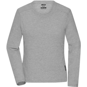 A grey long-sleeved work T-shirt with a round neck and a small logo on the side.