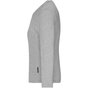A grey long-sleeve T-shirt styled for women, featuring a branded tag on the side.