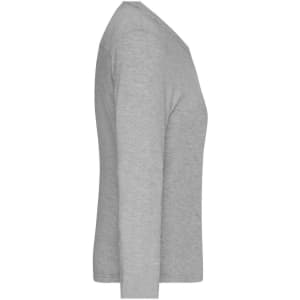 A grey long-sleeve t-shirt for ladies, featuring a simple design and a logo on the side.