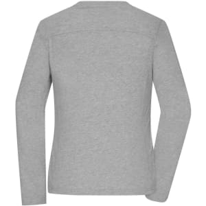 A grey long-sleeve t-shirt for women, featuring a simple back design and a branding logo.