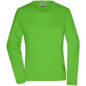 A long-sleeved t-shirt in bright green, featuring a logo on the hem. Suitable for workwear.