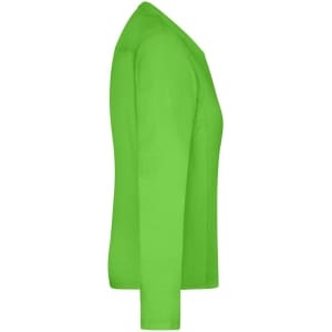 A bright green long-sleeve ladies work t-shirt featuring a side view design and a logo.
