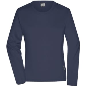 A long-sleeve work t-shirt in navy blue, featuring a logo on the side. Suitable for ladies' workwear.