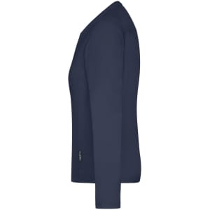 A navy long-sleeve work t-shirt featuring a fitted design and a small logo on the side.