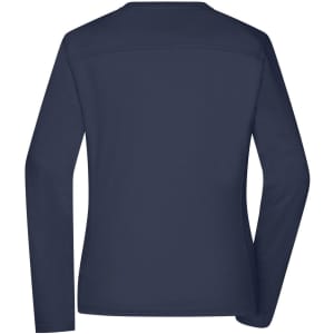 A navy long-sleeve women's work T-shirt featuring a simple design and a logo.