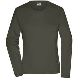 A long-sleeved, olive green women's work t-shirt with a logo tag on the side.