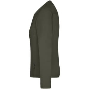 A long-sleeve, olive green T-shirt designed for women, featuring a logo on the side.