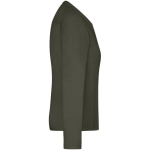 A long-sleeve t-shirt in olive green, featuring a side view with a smooth finish and a logo.