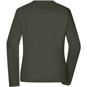 A dark olive green long-sleeved T-shirt with a simple design and a logo on the back.