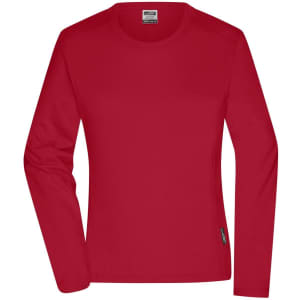 A red long-sleeve T-shirt designed for ladies, featuring a round neckline and a branding label.
