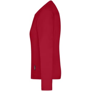 A red long-sleeve t-shirt for women, featuring a fitted style and a small logo on the side.