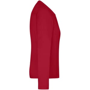 A red Ladies Workwear L-S T-Shirt featuring a simple design and long sleeves. It has a logo.