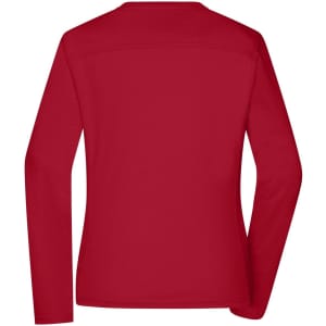 A red long-sleeve work T-shirt featuring a back view design and a logo.