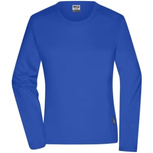 A long-sleeve women's work T-shirt in a vibrant blue, featuring a logo on the hem.