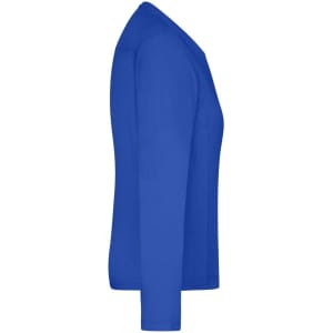 A long-sleeve t-shirt in a vibrant royal blue tone, featuring a logo on the fabric.