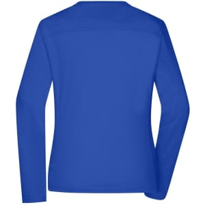 A long-sleeve ladies’ work t-shirt in vibrant blue with a simple design and a logo on the back.