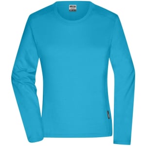 A blue long-sleeve t-shirt with a round neck and a logo on the side, designed for women's workwear.