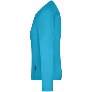 A long-sleeved t-shirt in vibrant aqua blue, featuring a side view and a logo on the sleeve.
