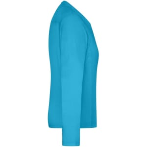 A long-sleeve, turquoise work t-shirt with a fitted design and a branding logo visible.