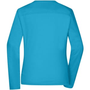 A long-sleeve work t-shirt in bright turquoise, featuring a smooth back design and a logo.