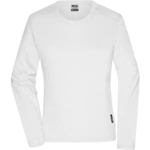 A white long-sleeved women's work T-shirt featuring a logo. Ideal for workwear purposes.