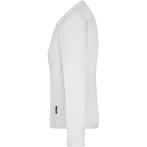 A white long-sleeve T-shirt for ladies, featuring a side view with a small logo on the hem.