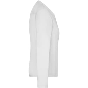 A white long-sleeve T-shirt with a fitted design and a logo.