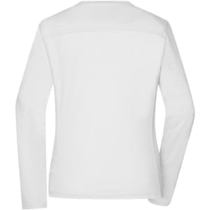 A white long-sleeve work t-shirt for women, featuring a simple design and a branded logo.