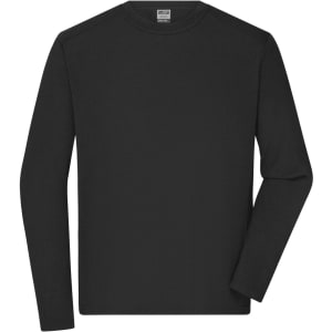 A black long-sleeve T-shirt for men, featuring a simple design and a branding logo at the neckline.