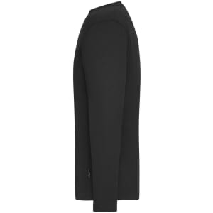 A black long sleeve t-shirt designed for men, featuring a fitted silhouette and a branding logo on the side.