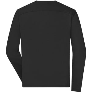 A black long-sleeve T-shirt designed for men's workwear, featuring a simple back design and a logo.
