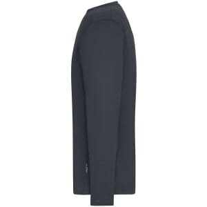 A dark grey long-sleeve men's work t-shirt featuring a logo on the side.