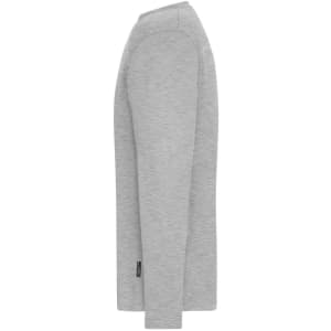 A grey long-sleeve T-shirt designed for men, featuring a side view and a logo on the fabric.