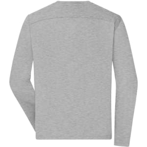 A grey long-sleeve T-shirt designed for men, featuring a simple back design and a branding logo.