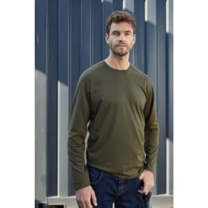 A long-sleeve olive green men's work t-shirt displayed on a model against a textured background.