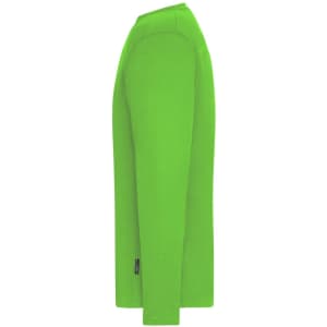 A bright green long-sleeve t-shirt with a side profile view, featuring a logo.