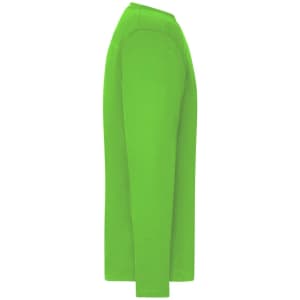 A long-sleeved men's work t-shirt in bright green, featuring a simple design with a logo.